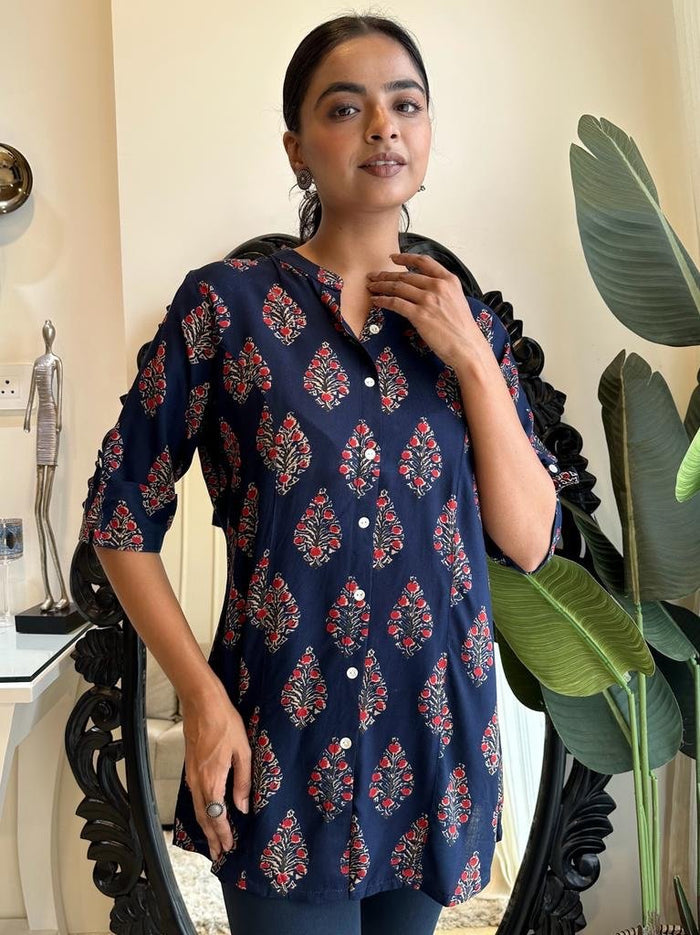 Weekend Rayon Short Kurta- Navy Boota