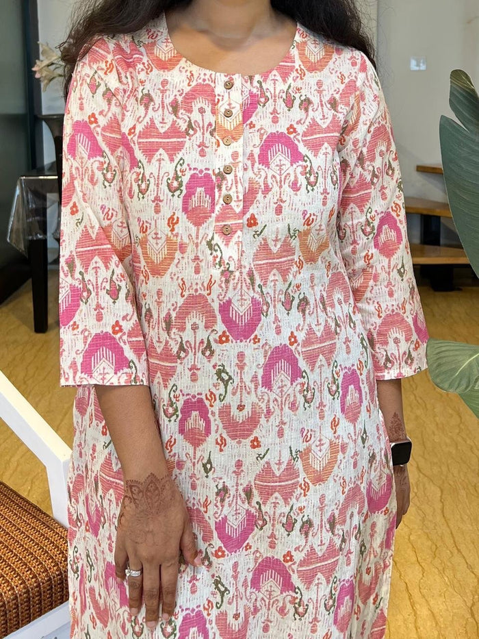 Weekend Round Neck Kurta- Off white Ikkat Print