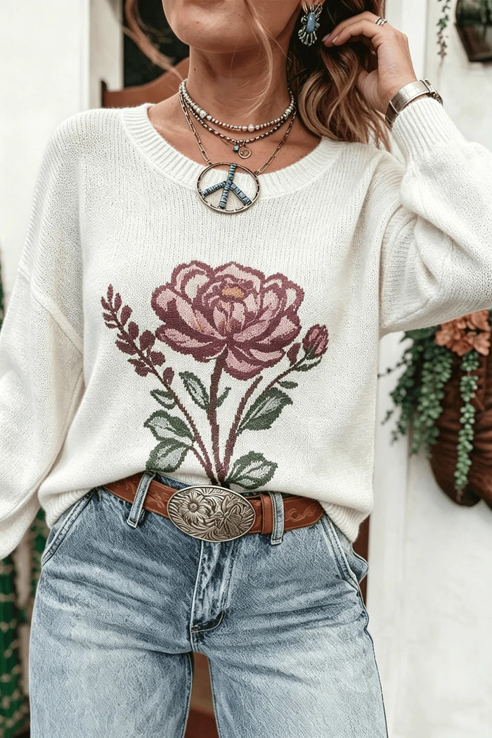 Western Floral Dropped Shoulder Lightweight Knit Sweater – White