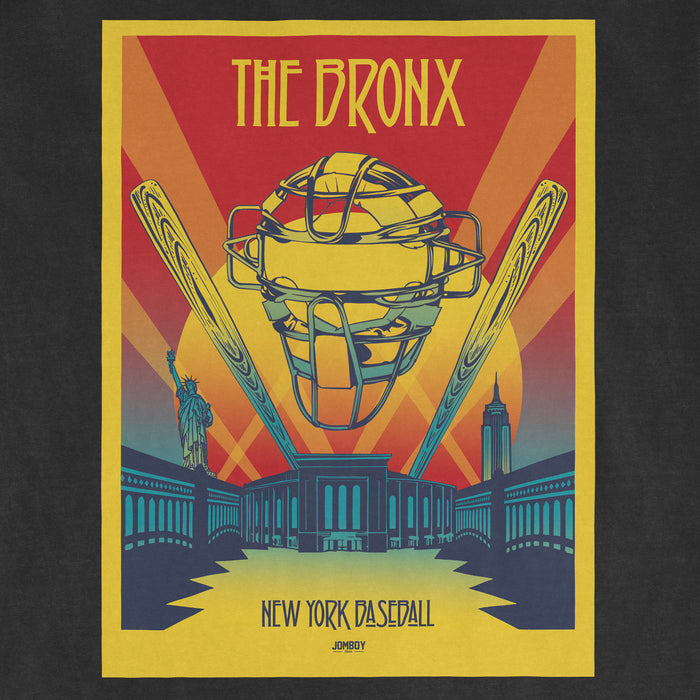 Colorful vintage-style poster featuring a baseball helmet with "Whole Lotta Love" text, NYC landmarks, and a bold "The Bronx" title.