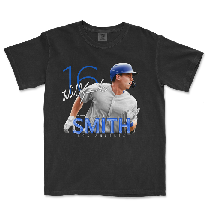 Black t-shirt featuring a graphic of Will Smith in a baseball uniform, showcasing his name and number 16.