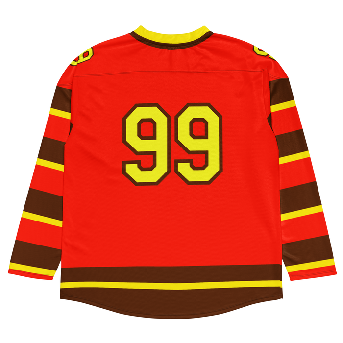 Red floorball jersey featuring bold yellow and brown stripes, with the number 99 prominently displayed on the back.