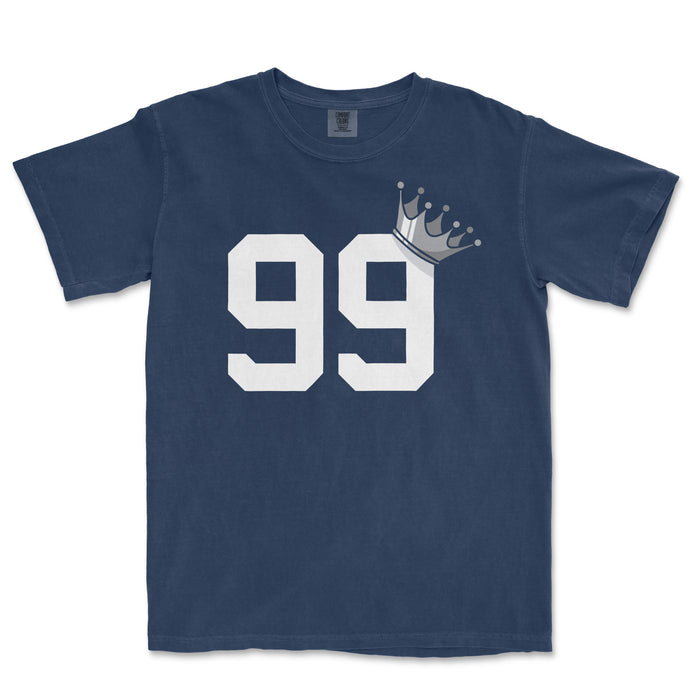 Navy Comfort Colors T-shirt featuring large white "99" numbers, a gray crown graphic above, and a relaxed fit.