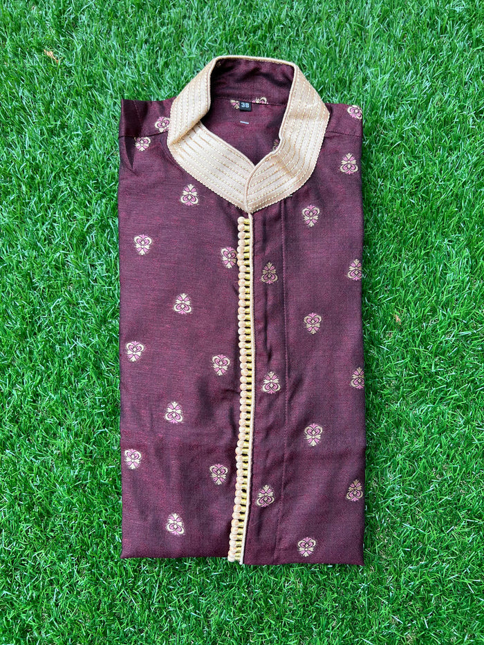 Silk Brocade Prussian Blue All Button Down Men's Kurta