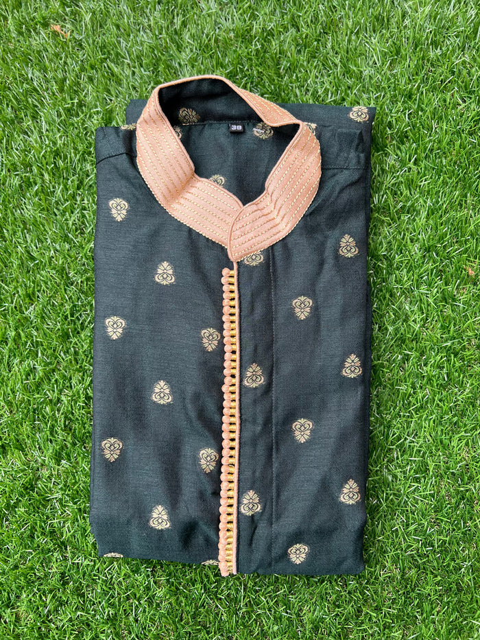 Silk Brocade Prussian Blue All Button Down Men's Kurta