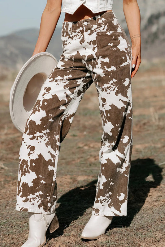 Abstract Pattern Regular Fit Full-Length Western Style Jeans – Brown