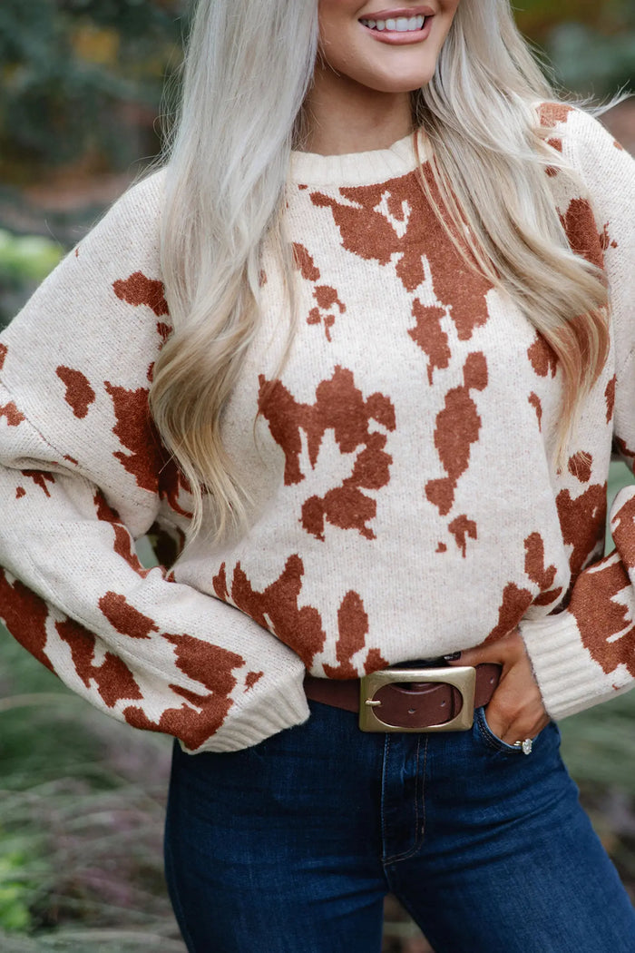 Abstract Print Drop Shoulder Long Sleeve Round Neck Sweater – Khaki