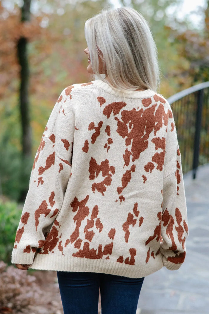 Abstract Print Drop Shoulder Long Sleeve Round Neck Sweater – Khaki