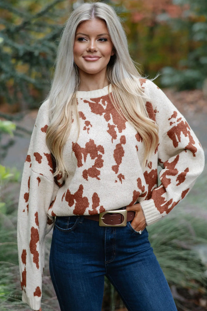 Abstract Print Drop Shoulder Long Sleeve Round Neck Sweater – Khaki