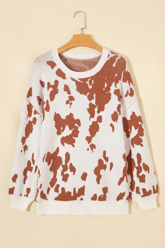 Abstract Print Drop Shoulder Long Sleeve Round Neck Sweater – Khaki