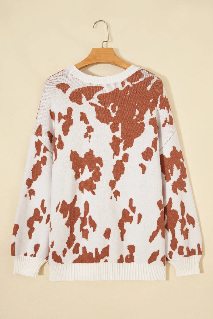 Abstract Print Drop Shoulder Long Sleeve Round Neck Sweater – Khaki