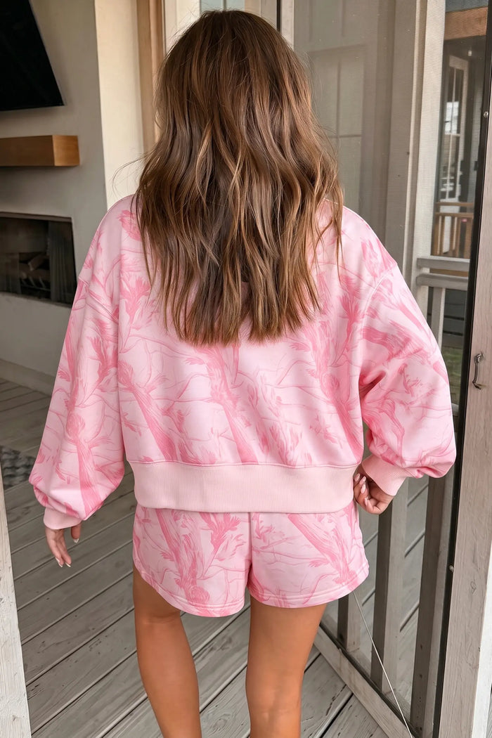 Abstract Print Ribbed Crewneck Long Sleeve Top Elastic Waist Short Set – Pink