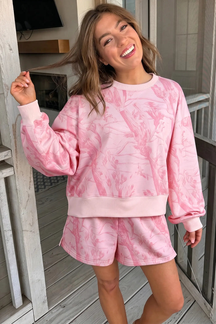 Abstract Print Ribbed Crewneck Long Sleeve Top Elastic Waist Short Set – Pink