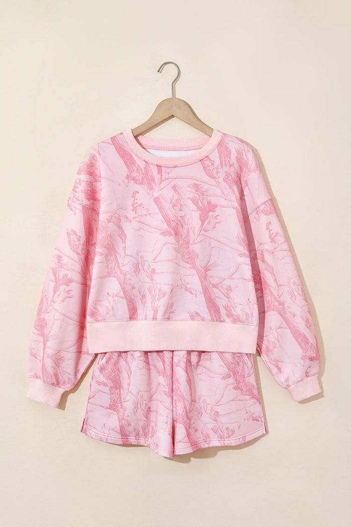 Abstract Print Ribbed Crewneck Long Sleeve Top Elastic Waist Short Set – Pink