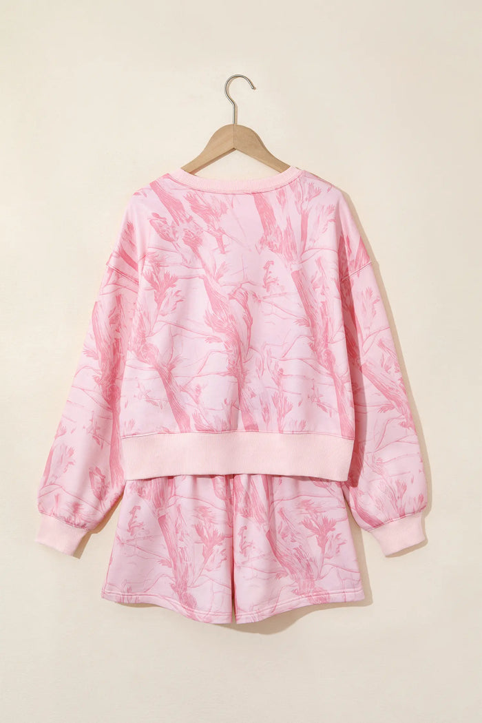 Abstract Print Ribbed Crewneck Long Sleeve Top Elastic Waist Short Set – Pink