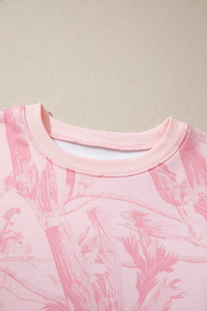 Abstract Print Ribbed Crewneck Long Sleeve Top Elastic Waist Short Set – Pink