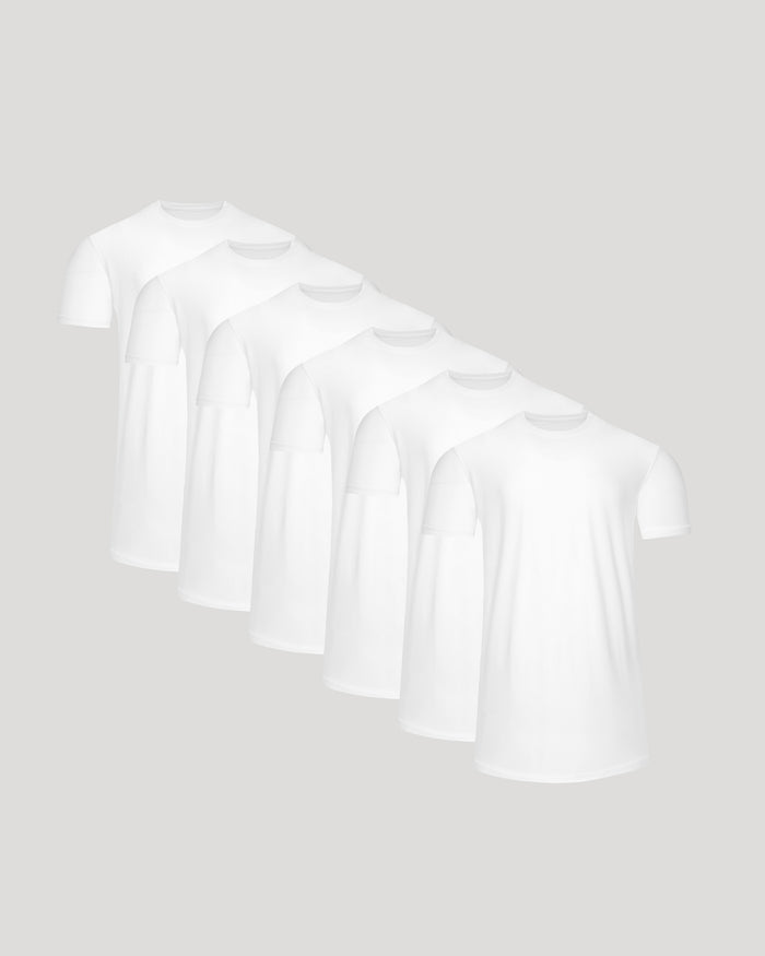 Three white t-shirts on a light gray background