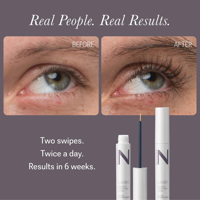 Front view of LASH Follicle Fortifying Serum 2-pack showing two silver serum tubes with applicators on gray background