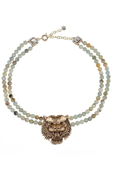 Double-strand amazonite beaded necklace featuring a gold-tone tiger head pendant as the central focal point.