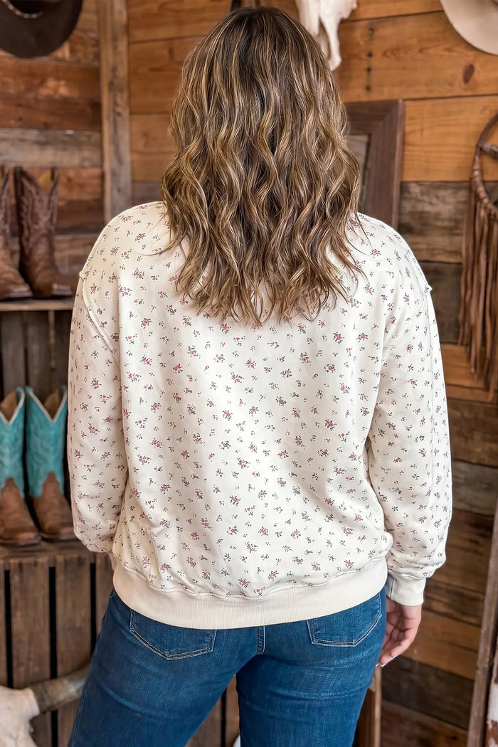 Apricot Floral Print Texas Long Sleeve Ribbed Neck Tunic Plus Size Sweatshirt – Beige