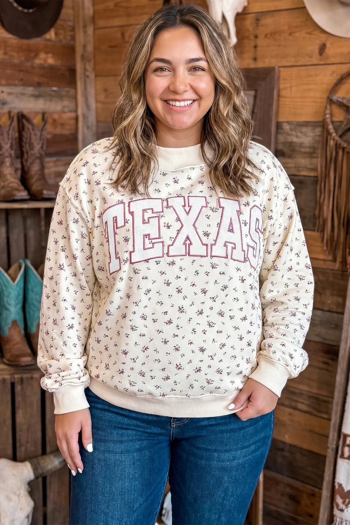 Apricot Floral Print Texas Long Sleeve Ribbed Neck Tunic Plus Size Sweatshirt – Beige