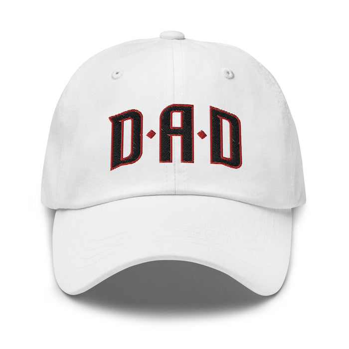 White dad hat with "DAD" embroidered in bold black and red letters on the front, perfect for Arizona baseball dads.