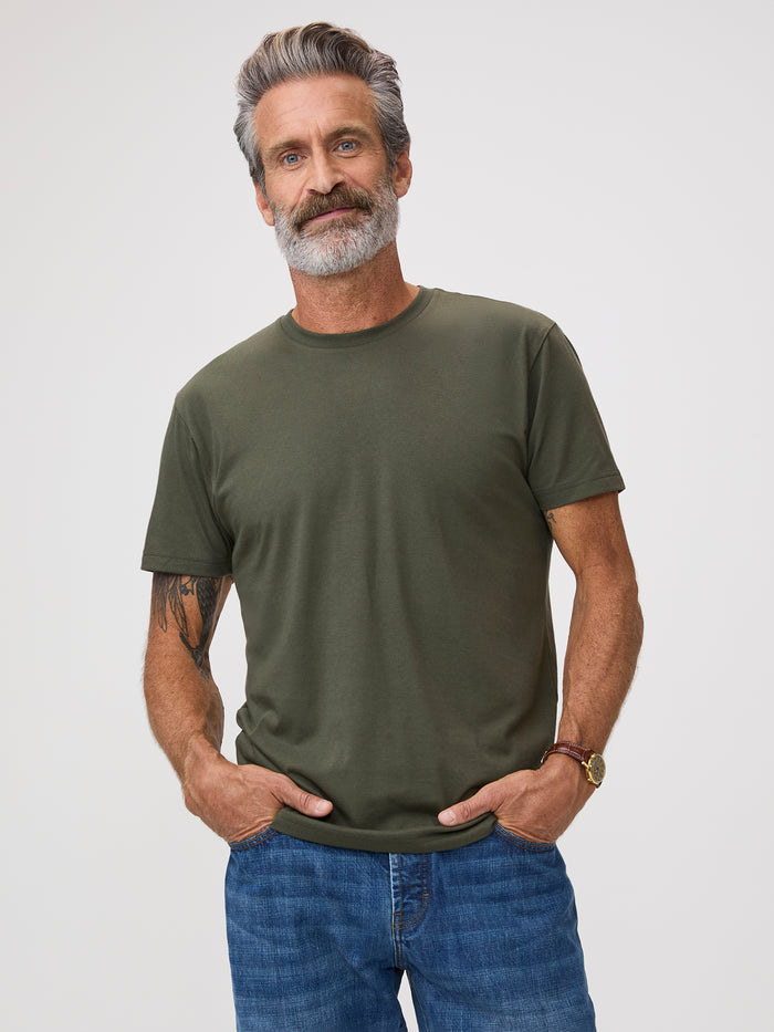 Michael is 6'1" and wears a size M # Army Green Crew Neck Tees | Designed for real life