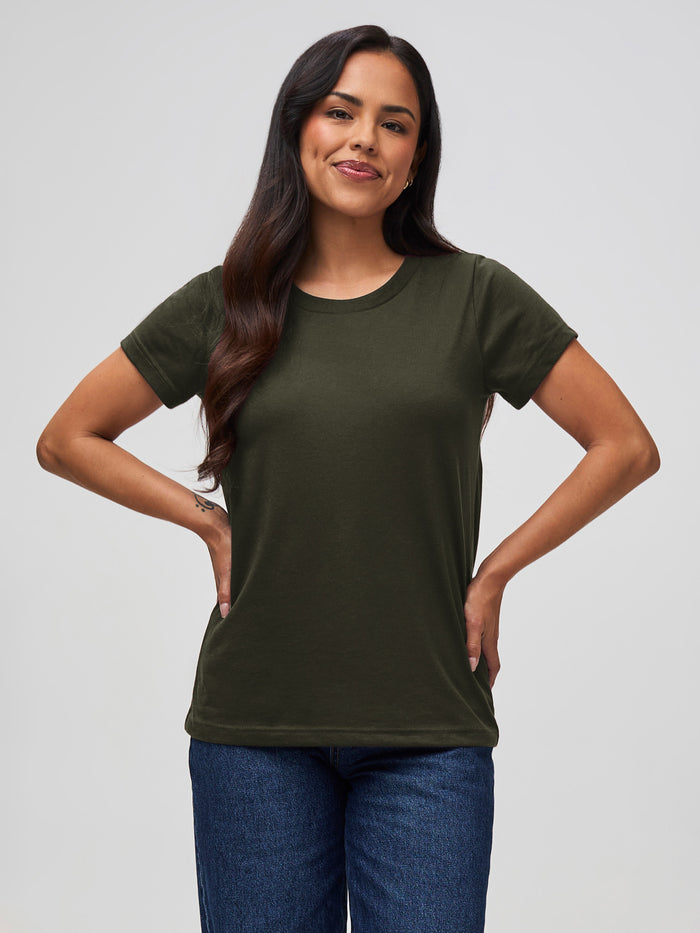 Nathalie is 5'6" and wears a size S # Women's Army Green Tee | Crew Necks