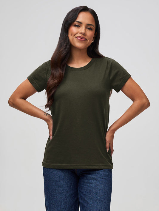 Nathalie is 5'6" and wears a size S # Women's Army Green Tee | Crew Necks
