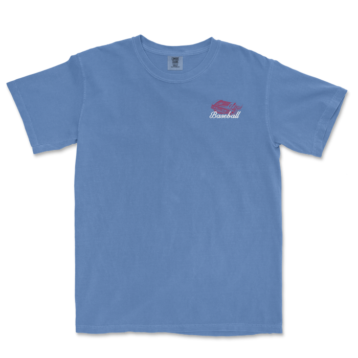 Light blue t-shirt featuring a red script design that reads "Baseball" on the front, representing America's pastime.