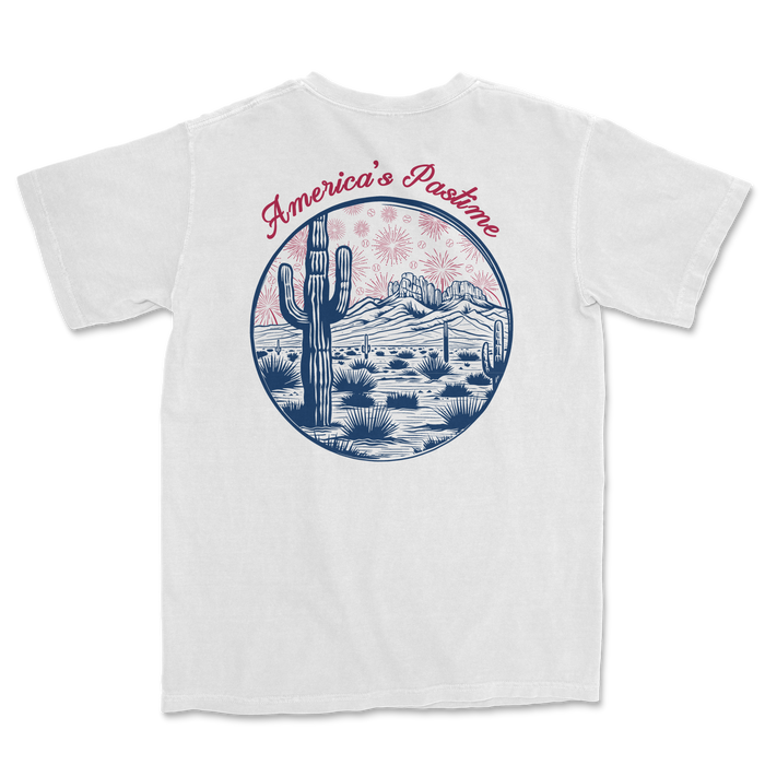 White t-shirt featuring a circular graphic with a cactus, mountains, and fireworks, labeled "America's Pastime.