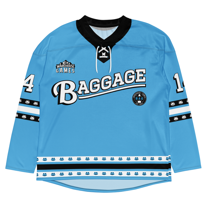 Light blue floorball jersey featuring "Baggage" logo, black accents, and striped details. Ideal for sports enthusiasts.