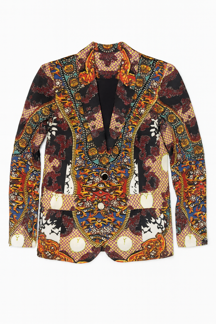 Multicolor baroque print tailored single-breasted blazer with ornate patterning and structured jacket styling.