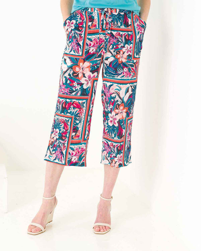 Belle Floral Cropped Pull On Viscose Mix Trousers - The Classic Boutique