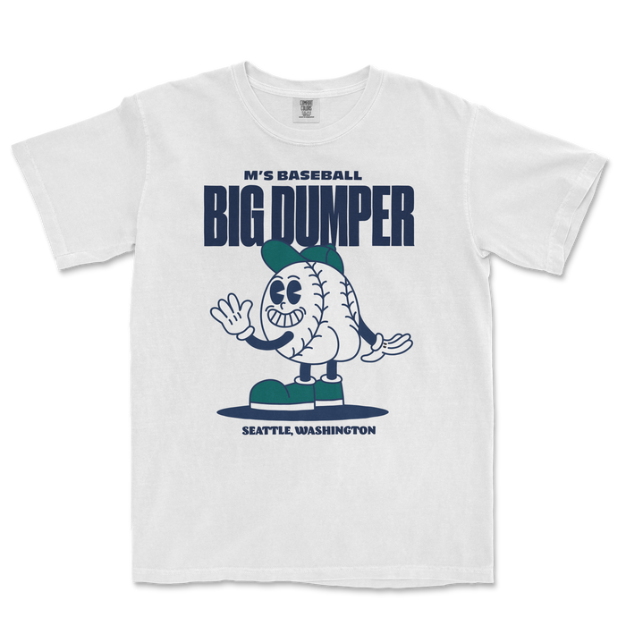 White t-shirt featuring a cartoon baseball character named Big Dumper, with "M's Baseball" and "Seattle, Washington" text.