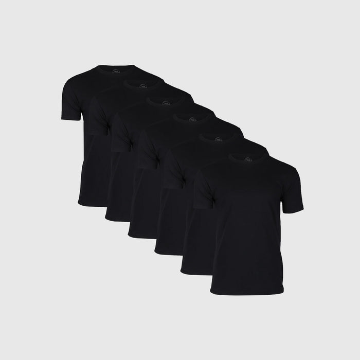 A pack of six black classic crew neck t-shirts displayed in a row.