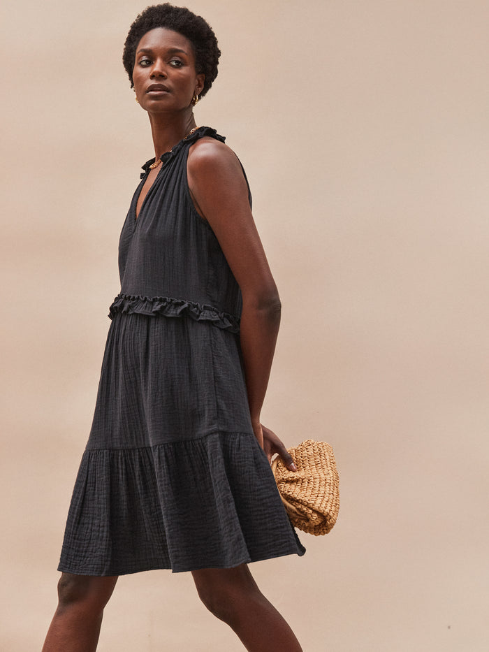 Black Frill-Detail Halterneck Cheesecloth Mini Dress