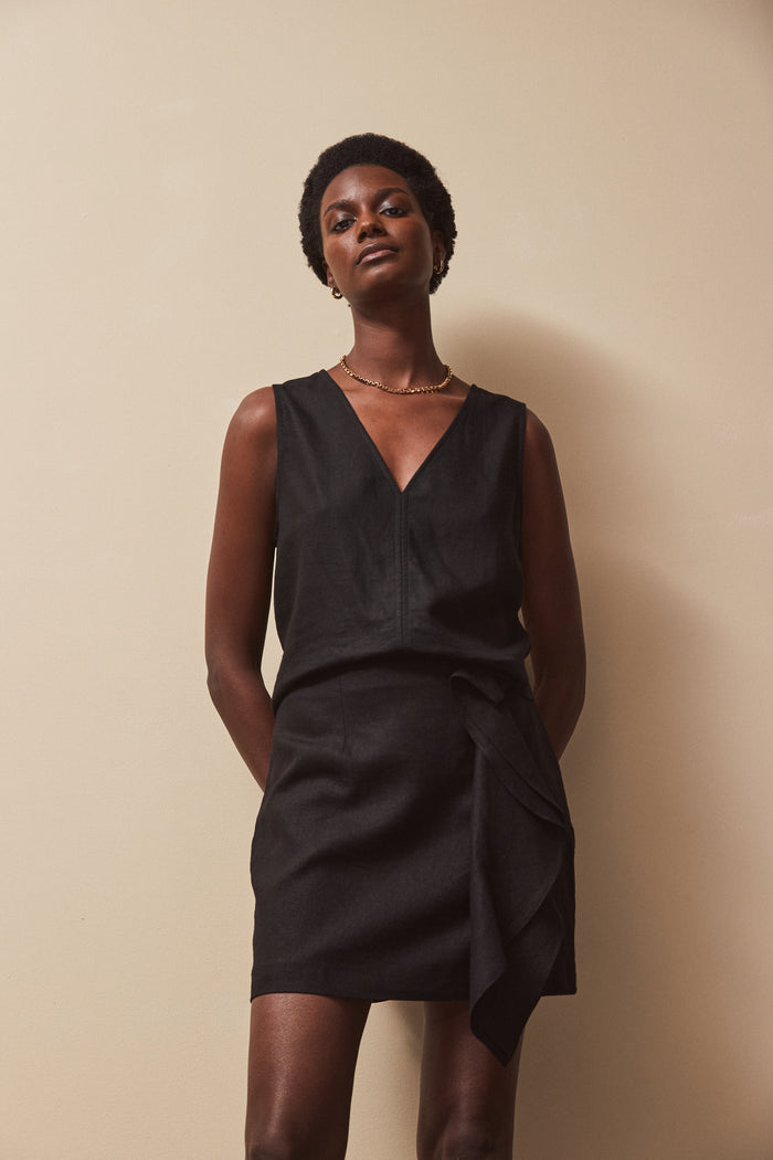 Black Frill Detail Linen Blend Skirt