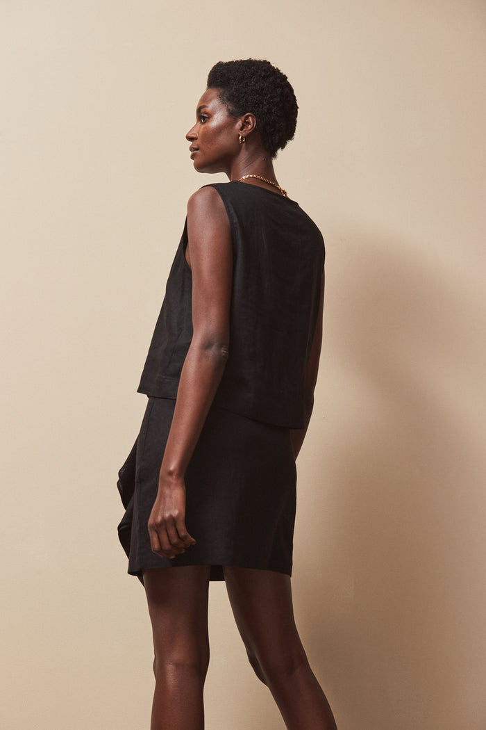 Black Frill Detail Linen Blend Skirt