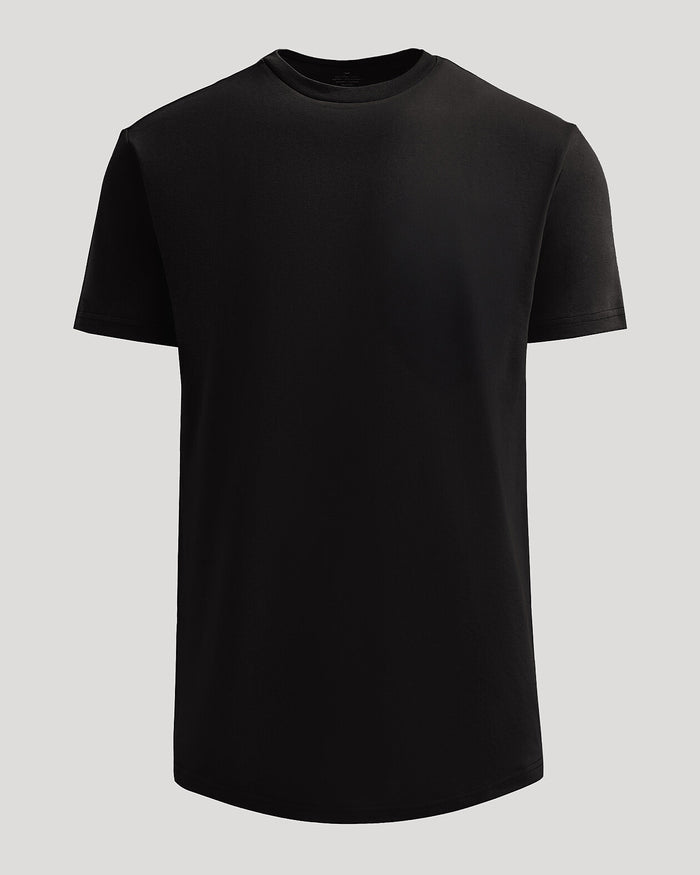 Black Heavyweight Curved Hem Crew shirt in solid black, designed as a men's basic with a comfortable heavyweight fabric and a curved hem for a modern fit.