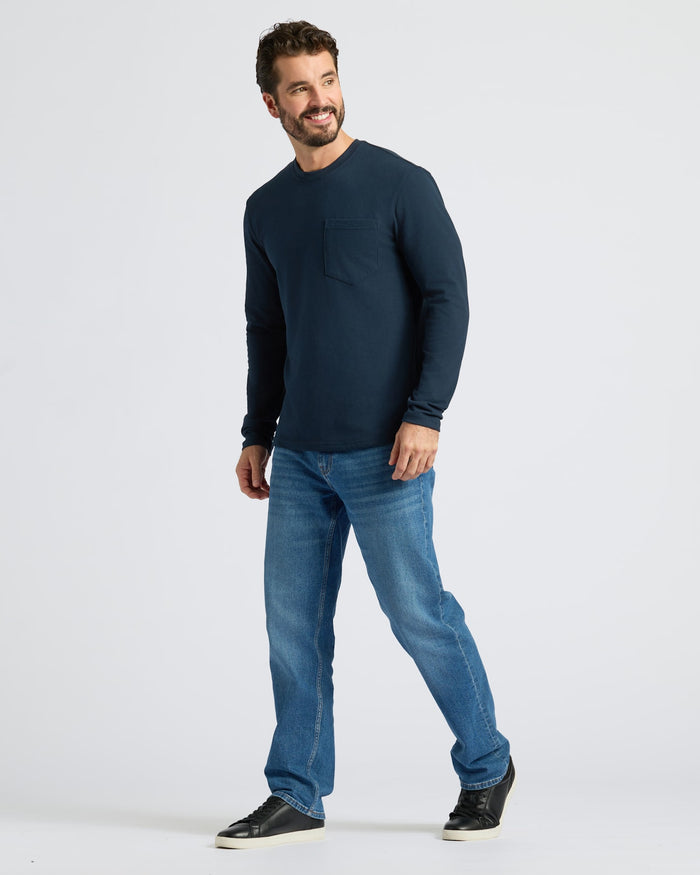 Man modeling Black & Navy Heavyweight Long Sleeve Pocket Crew 2-Pack.