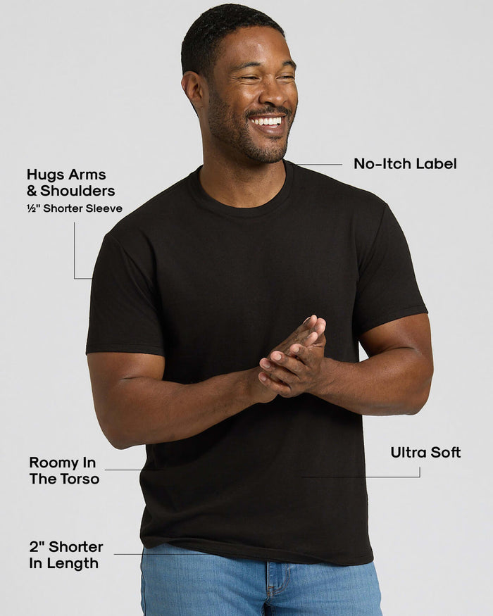Man wearing a black t-shirt with text highlighting features on a white background