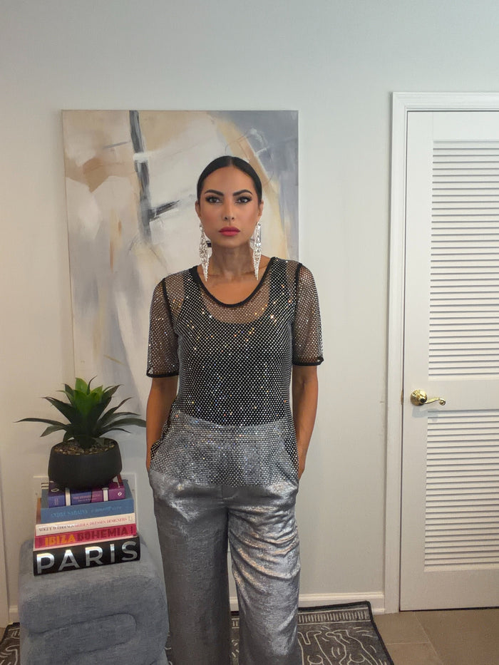 Black Sparkle Mesh Embellished Top with Tank - Born To Glam