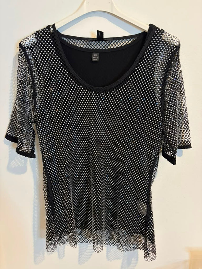 Black Sparkle Mesh Embellished Top with Tank - Born To Glam