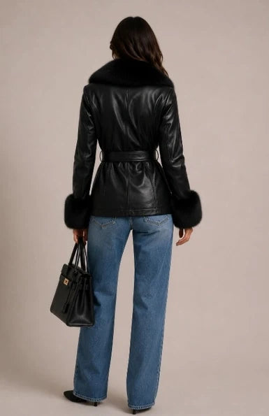 Black Velour Luxe Bordeaux Belted Leather Jacket - Born To Glam