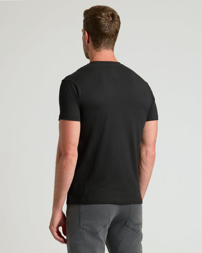 Man wearing 3-Pack Bundle: black T-shirt and medium-gray jeans.