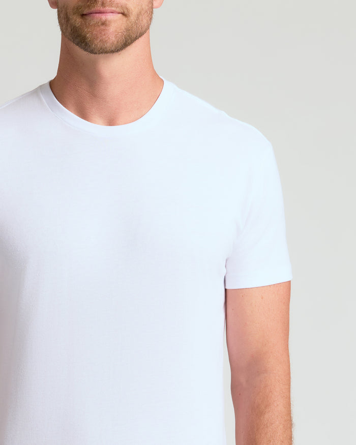 White crew neck t-shirt with short sleeves on a model.