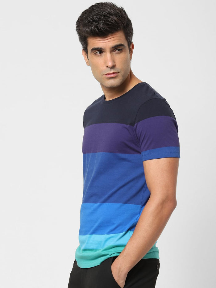 Blue Colourblocked Crew Neck T-Shirt