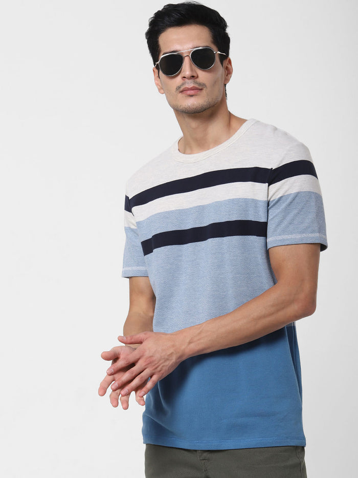 Blue Colourblocked Crew Neck T-Shirt