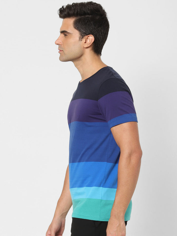 Blue Colourblocked Crew Neck T-Shirt